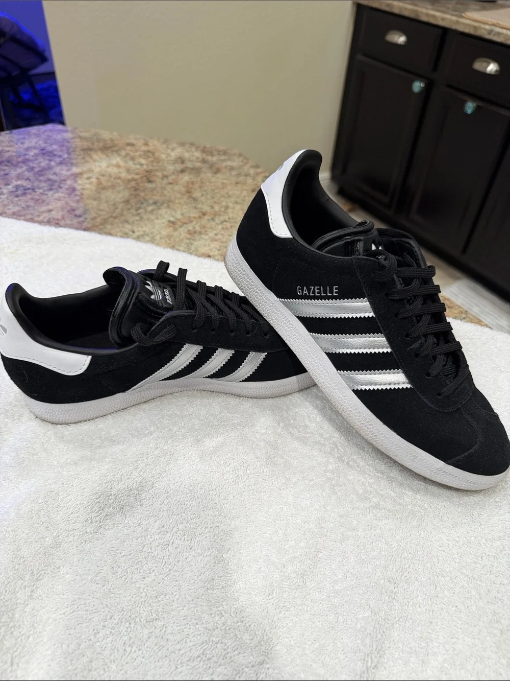 adidas Black, White, & Silver Gazelle Suede Women’s Sneakers